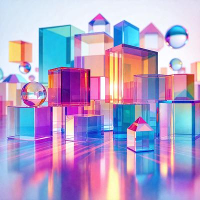 The primary subject of the image is a collection of colorful, geometric glass blocks. These blocks are arranged in various shapes and sizes, creating a visually appealing and vibrant display. The setting is a white background, which provides a clean and minimalist backdrop for the glass blocks. The visual style of the image is a combination of digital art and illustration, as the glass blocks are depicted in a three-dimensional manner. The dominant colors in the image are a mix of pink, blue, and orange, giving the